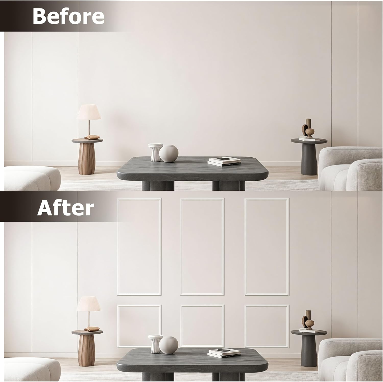 Pre-Cut Peel and Stick Wall Molding Kit Wainscoting Trim- Self Adhesive Premade Accent Panel Chair Rail for Interior Moulding Home Decor Accent Wall Set of 6 pcs - 3 Top 3 Bottom, Ready to Assemble