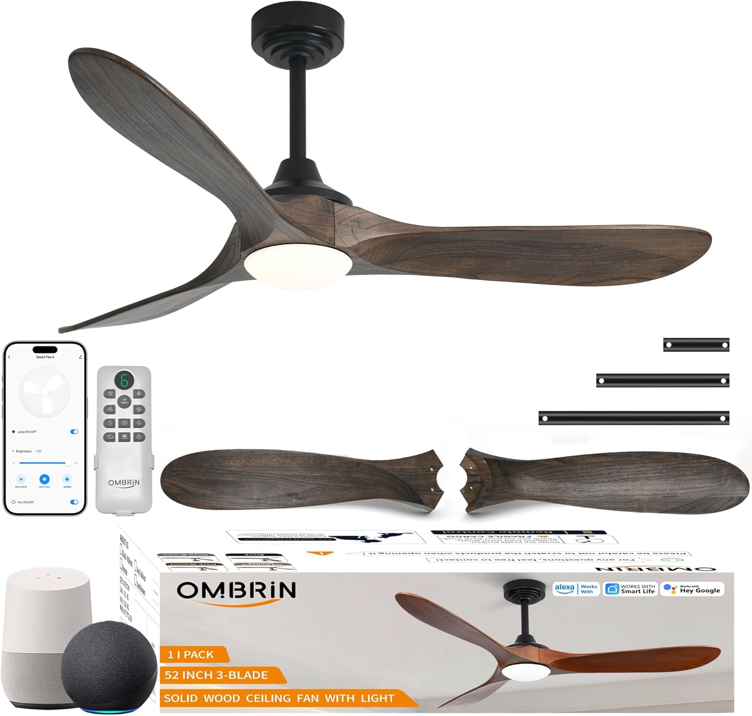 60 inch Outdoor Ceiling Fans with Lights,Smart Wood Ceiling Fan for Alexa,Google & APP Control,Indoor/Outdoor,3 Blades,3CCT Dimmable,Deep Brown Walnut,Downrod Mount for Patio Porch