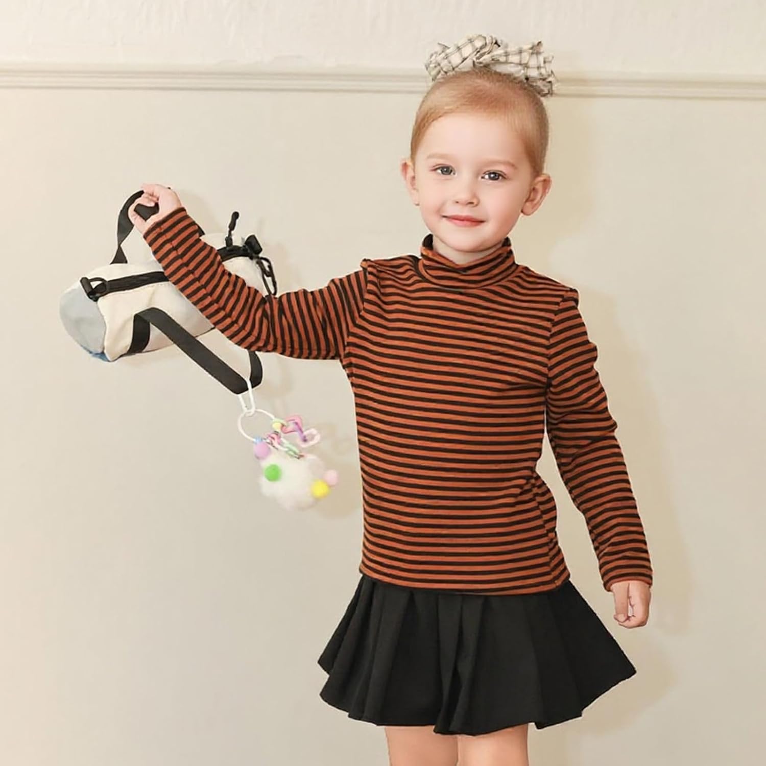 MINI PANDA Little Girl's High-Neck Striped Long-Sleeved T-Shirt, Toddler's High-Neck Stretch Top - Image 5