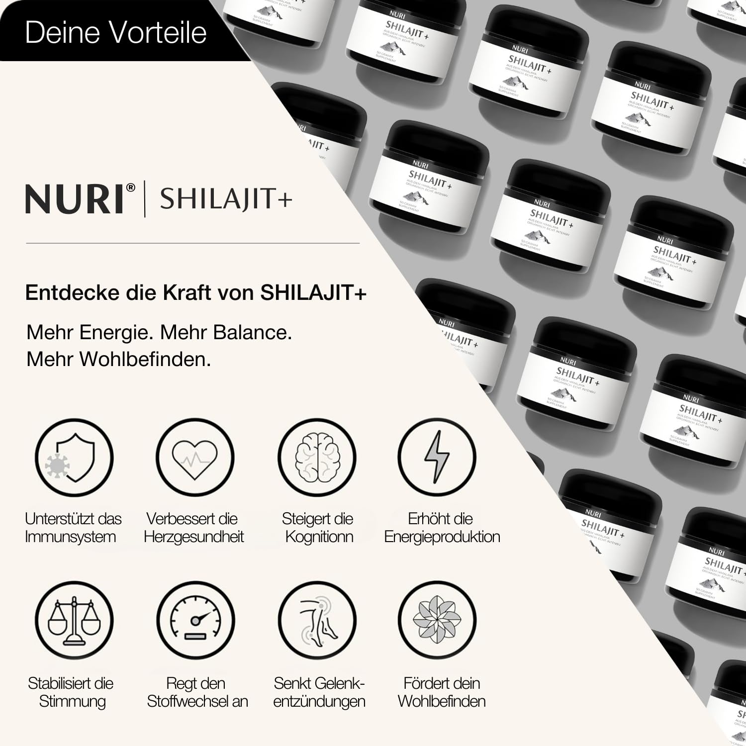 NURI Resina original Shilajit – 50 g de resina pura orgánica del Himalaya – 100 porciones – 89% ácido fúlvico – Vegano, probado en laboratorio y fabricado en Alemania