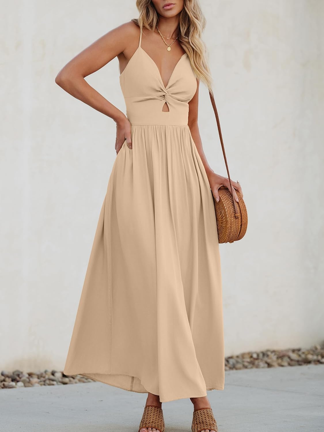 CUPSHE Women Casual Dress Beach Sleeveless V Neck Summer Cutout Spaghetti Straps Formal Maxi Sun Dresses - Image 2