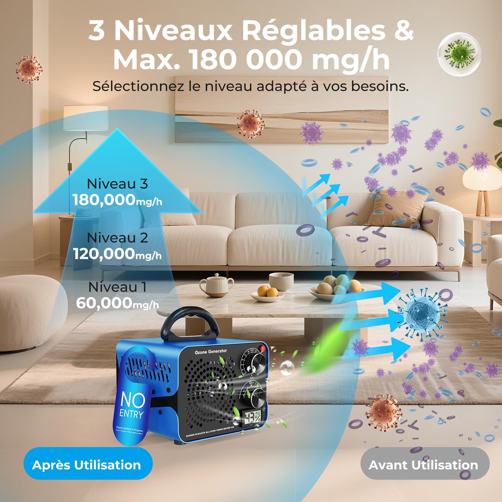 Générateur d'Ozone Domestique 18000mg/h avec 3 niveaux d'ozone pour 500m²