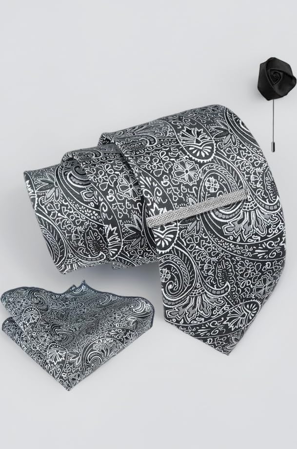 Tie for Men – Micro Silk Neck Ties Set with Cufflinks Flower Pin, Pocket Square & Black Gift Box, Combo Necktie Sets for Office Wear, Formal Suits & Weddings (0, AXPL)