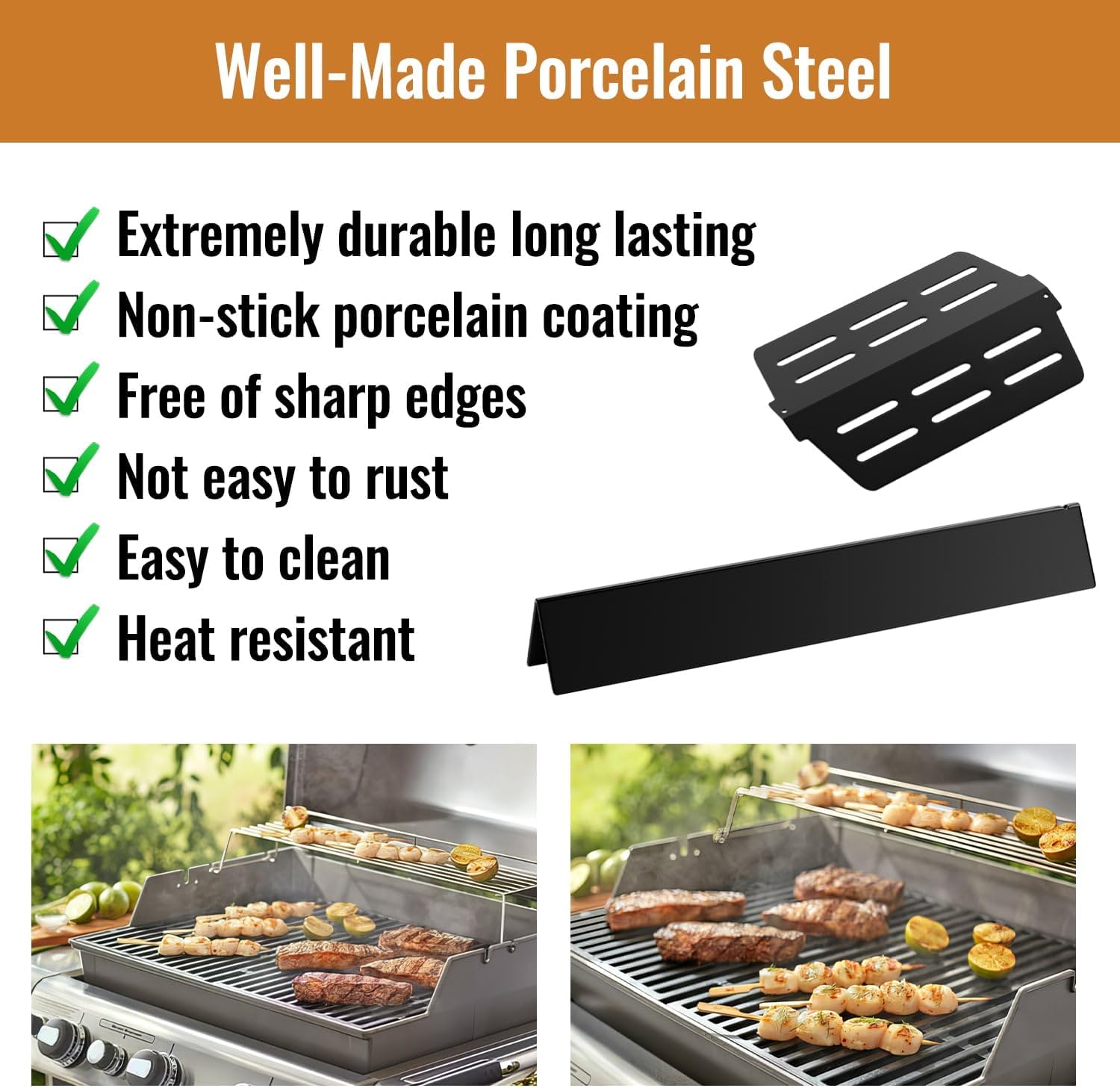 17.5'' Flavorizer Bars and Heat Deflectors Replacement for Weber Genesis 300 Series, Genesis E/S310 E/S320 E/S330 (Front-Mounted Control), Porcelain-enameled Parts for Weber 7620, 7622, 7-Pack