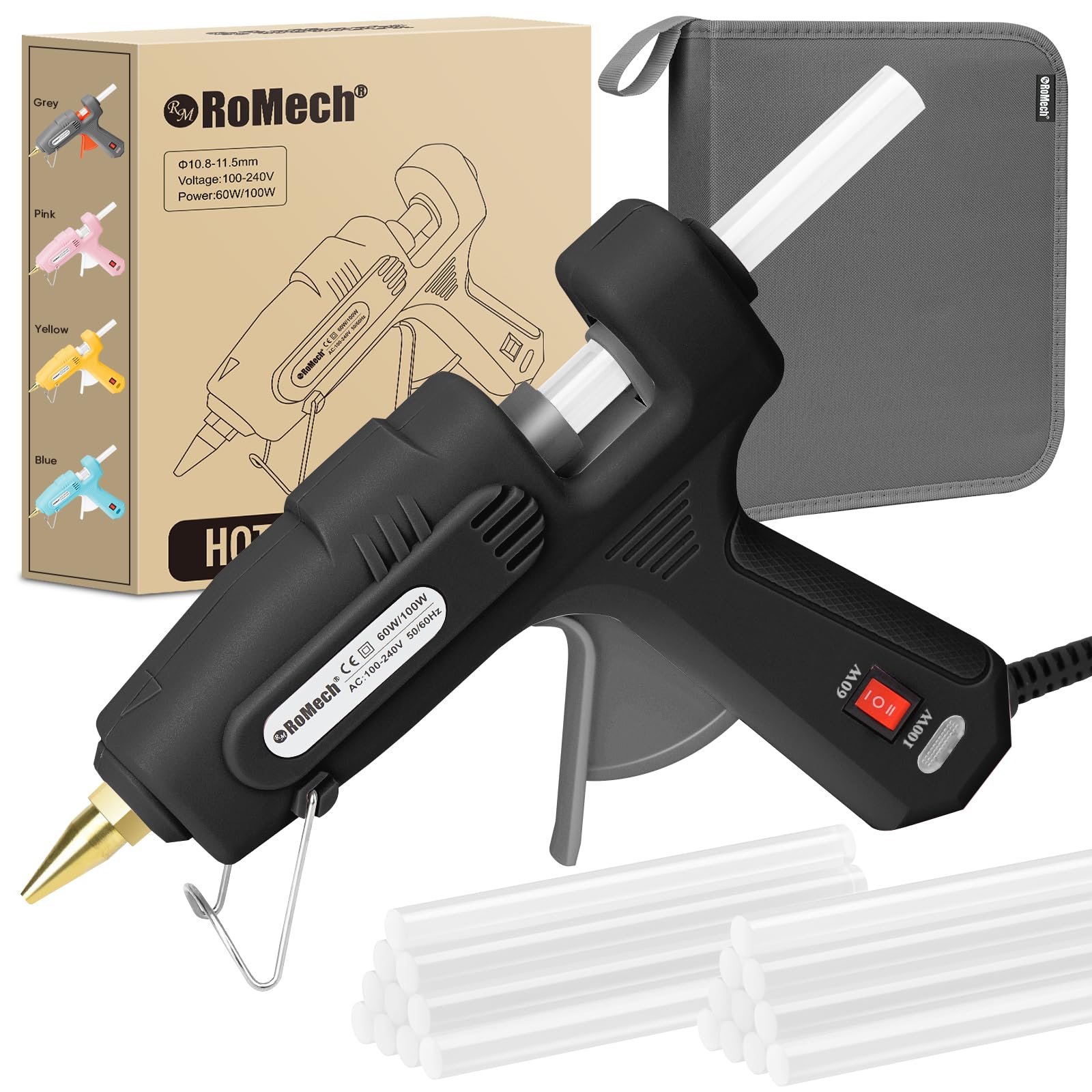 ROMECH 60/100W Dual Temp Hot Glue Gun and Sticks Set, Full Size with Case