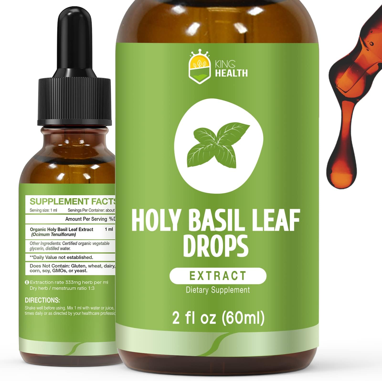 Holy Basil Tincture Supplement, Organic Tulsi Holy Basil Leaf Extract Liquid Drops 2 fl oz, Faster Absorbed Than Holy Basil Capsules, Immune Support, Stress Relief, 60 Servings