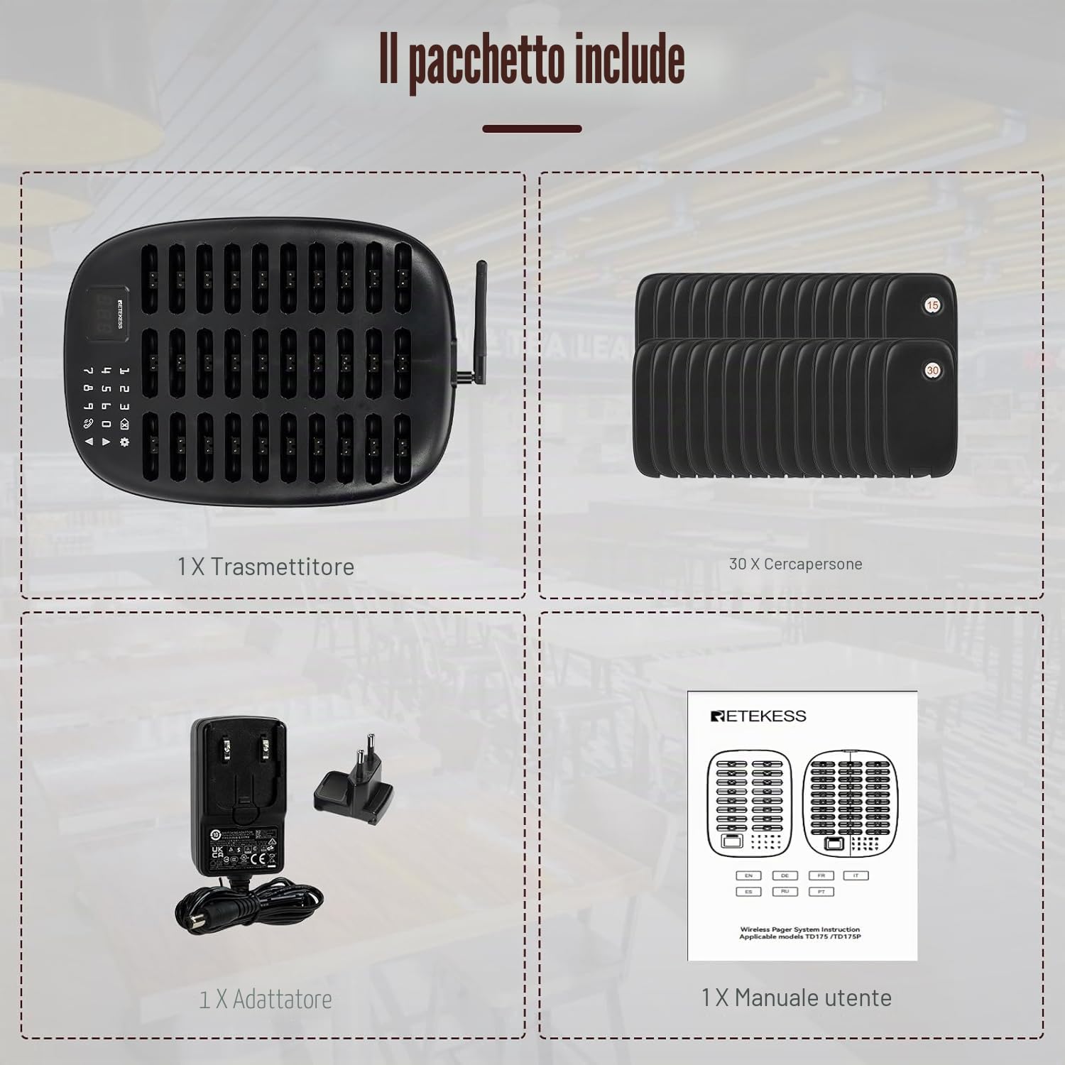 Retekess TD175P Cercapersone Ristorante, 30 Cercapersone, 800M Pager Ristorante, Facile da Configurare, 7 Modalità di Chiamata, Cercapersone Wireless per Area Ristorazione, Hotel, Chiesa
