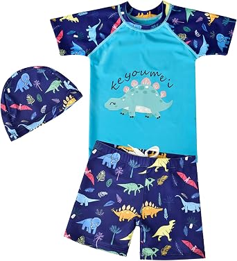 Boys Dinosaur Swimwear 3-Piece Set Quick-Dry Rash Guard Swim Shorts Swim Cap Kids Dinosaur Whales Swimsuit