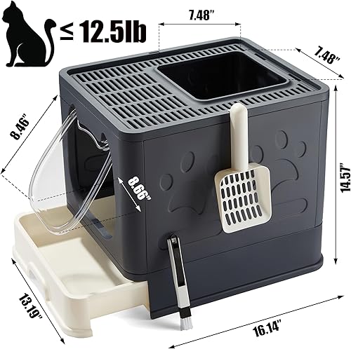 Miniatura 6 de Vealind Caja de arena cubierta con tapa, caja de arena pequeña para gatitos de entrada baja con cuchara y cepillo, caja de arena de entrada superior