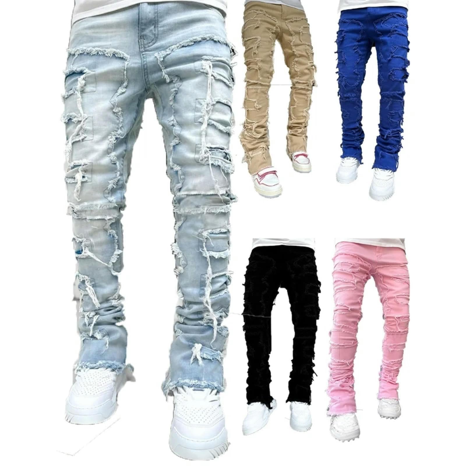 Pantaloni da Uomo in Denim Elasticizzato dal Taglio Dritto Jeans Effetto Consumato Strappati con Toppe-Blu-XL