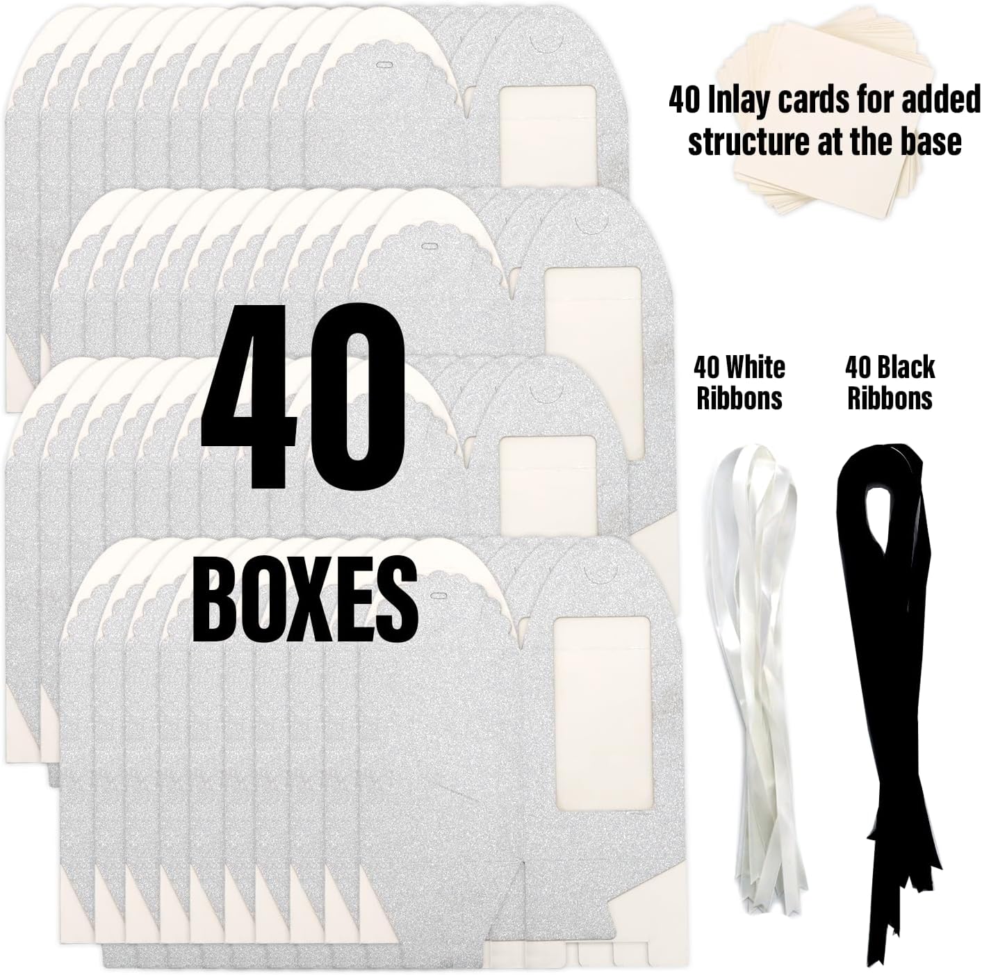 Silver Sparkling Favor Boxex-40 Ct Large 4"x4"x5" Clear Window. Includes 2 Ribbons (40 White 40 Black) Stemless Wine Glass Gift Box. Bottom Insert for Durability. Ideal for Weddings, Events, Christmas