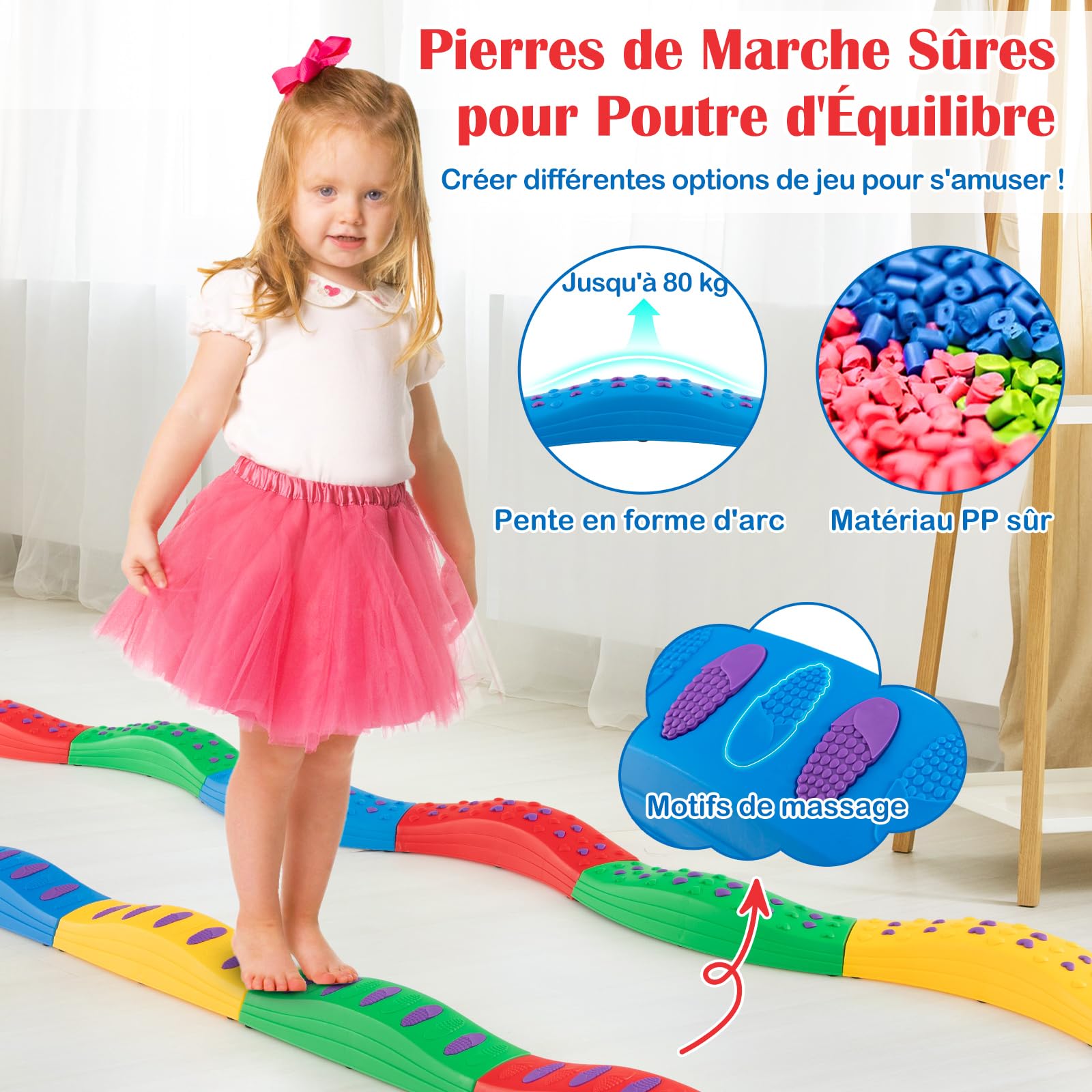 Poutre d'équilibre pour enfants 8 pierres de pas ondulées avec surface exturée antidérapante et tapis de fond - Jeux - Jouets