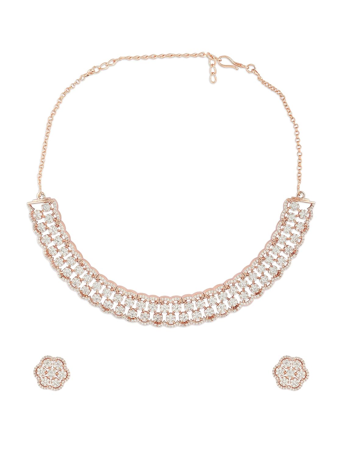 Ami Rose Gold Cubic Zirconia Tiny Flowers Brass Necklace and Earring Set For Women-ZPFK20399