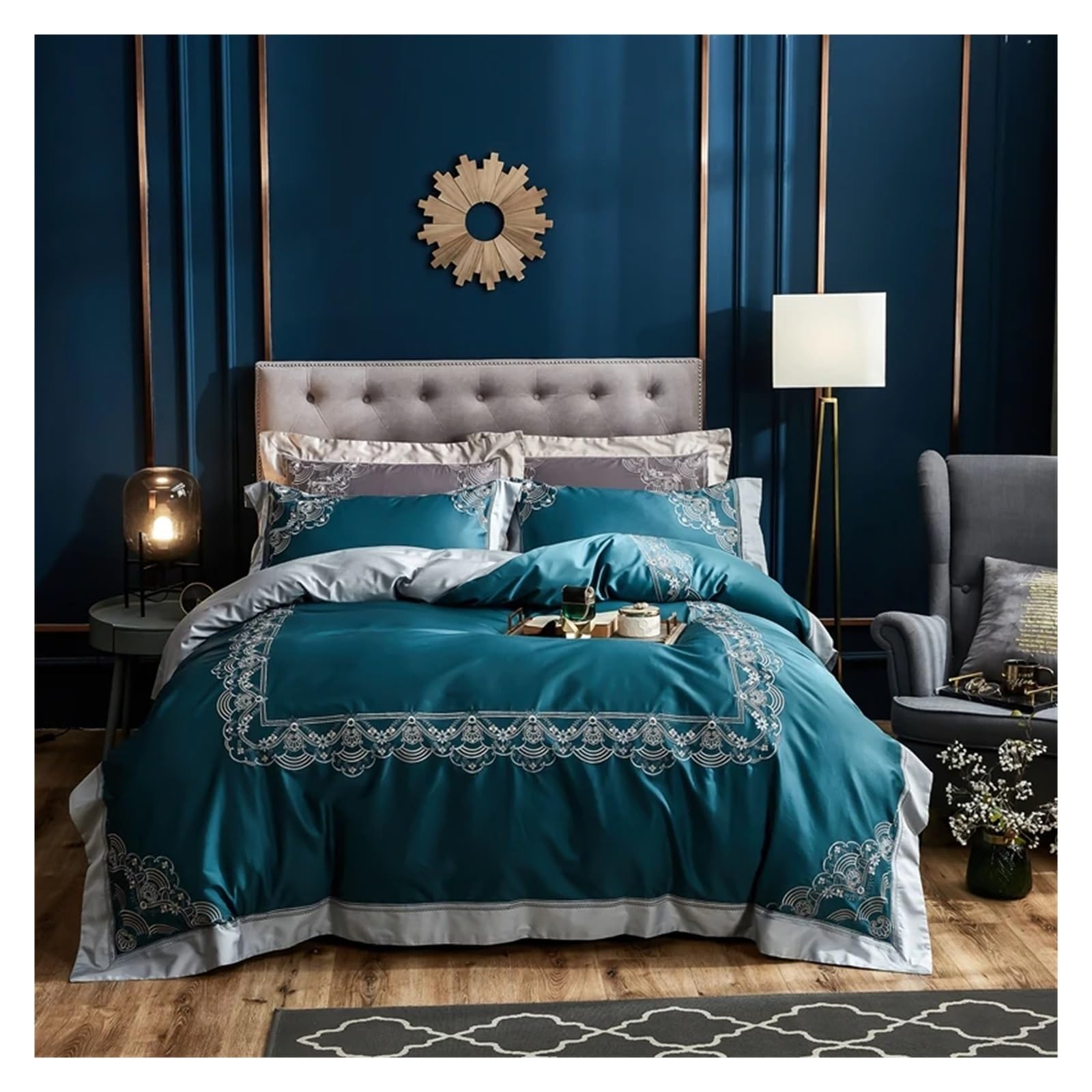 Parure de lit bleue en coton égyptien brodé King Size