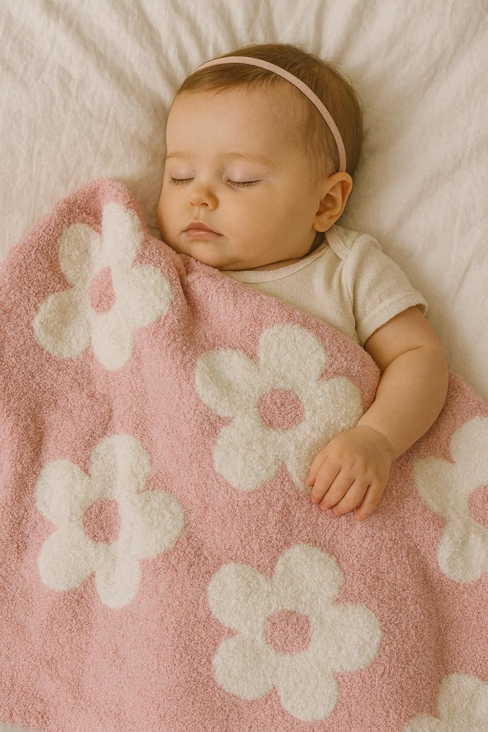 L+L USA Retro Daisy Flower Baby Blanket 28"x40" - DreamSoft Throw for Crib, Stroller or Car Seat - Soft Blanket/Newborn Nursery Gift Essential for Toddler, Infant, Kids, Boys & Girls (Pink/White)