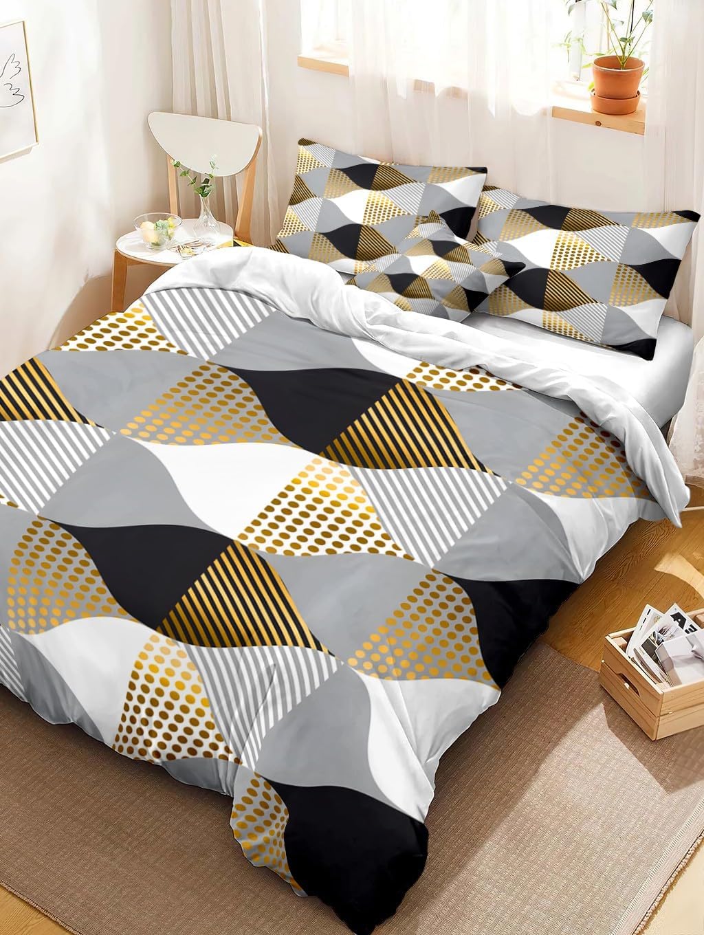 Bed Linen 180 x 200 cm Geometric Pattern 3-Piece Duvet Cover Bedding Sets Wrinkle-Free Soft Microfibre with 2 Pillowcases 80 x 80 cm with Zip