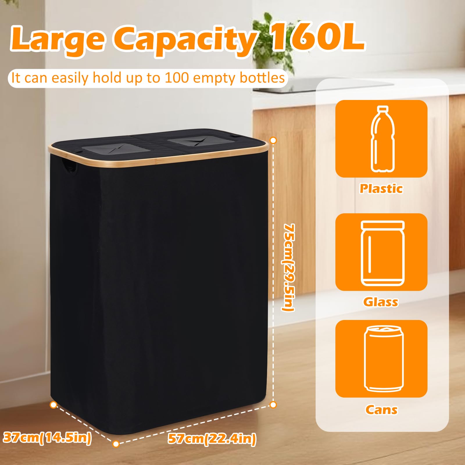 Arkyomi 160L Recycling Bin for Home Kitchen Large Deposit Bottle Collector Bins with 2 Reusable Recycling Bags - Image 2