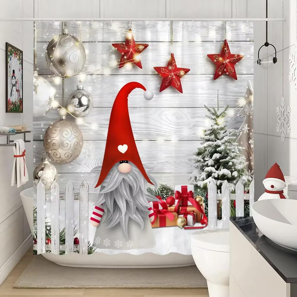 Kelaimi Red Christmas Gnomes Shower Curtain 180X200,Xmas Ball/ Stars/Gifts New Year Bathroom Decor,Wooden Plank Farmhouse Bathroom Curtain,Waterproof Washable Quick Dry W 70.9 "X L 78.7" (1Panels)