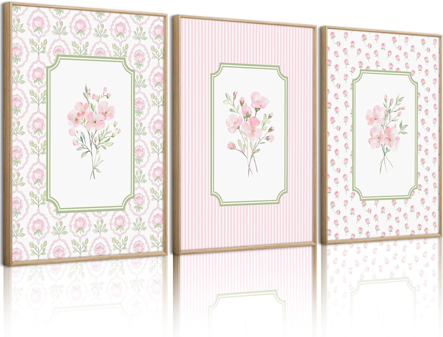 lianyibo Pink Floral Wall Art Baby Girl Wildflower Pictures Pink Green Striped Botanical Poster Prints for Girl Room Decor(60x90cmx3/Frameless)