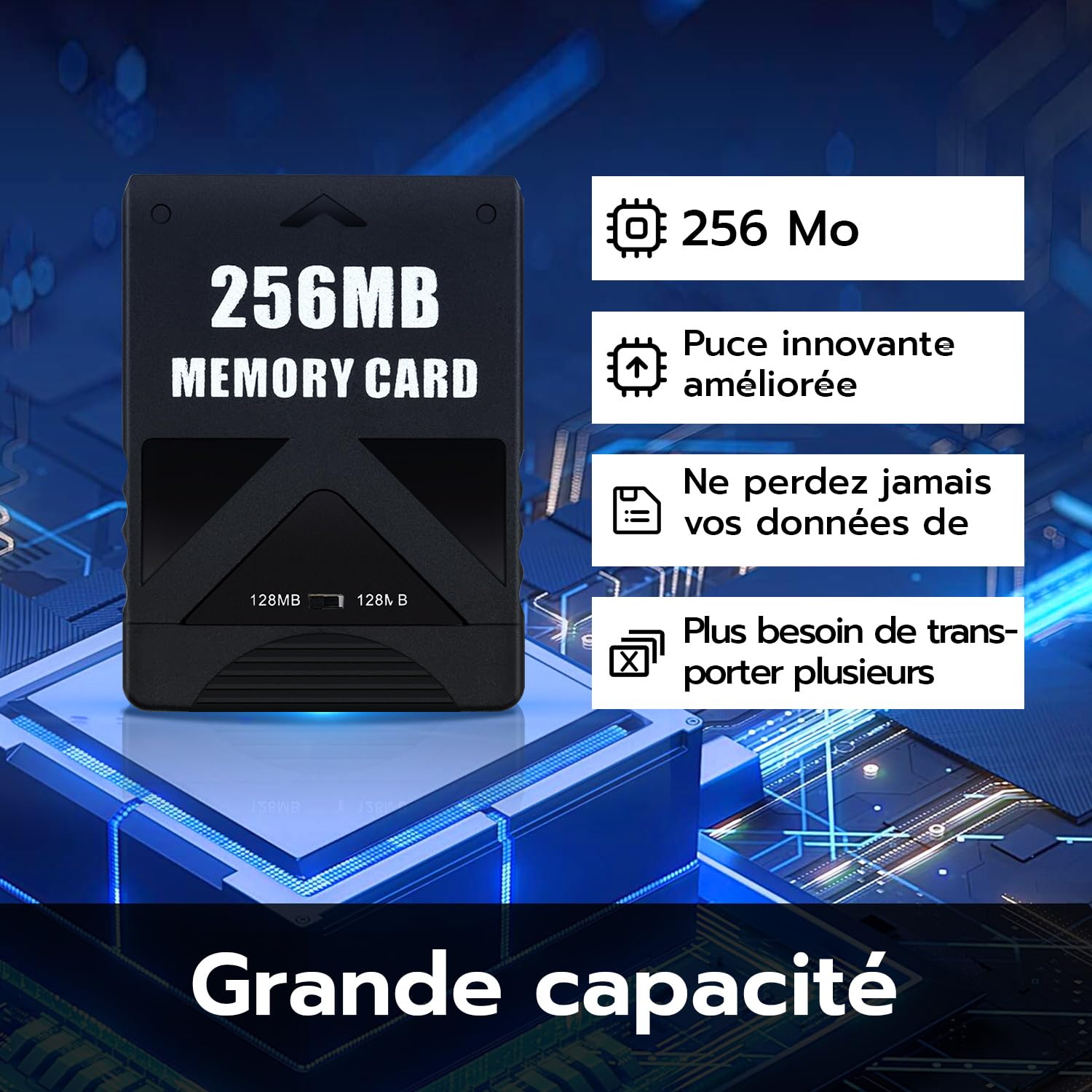Wigearss Carte Mémoire PS2 256MB, Carte de Sauvegarde PlayStation 2 Haute Vitesse