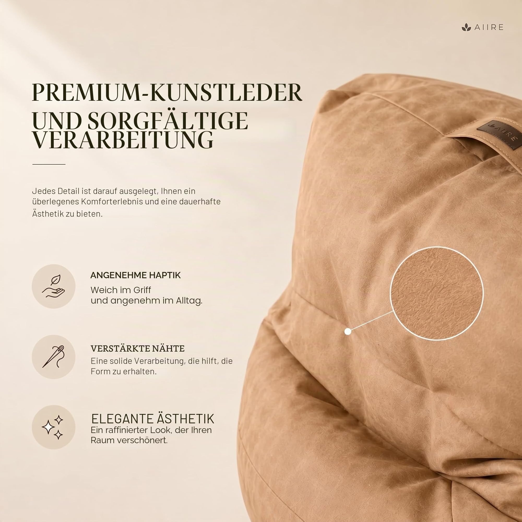Aiire Relaxo Sitzsack XXL für Kuschelecke - Bean Bag Design aus Kunstleder mit Füllung - Riesen Sitzsäcke Erwachsene, Sitz Sack Flauschig - Bodenkissen Grob, Bodenstuhl, Bodensessel Beige