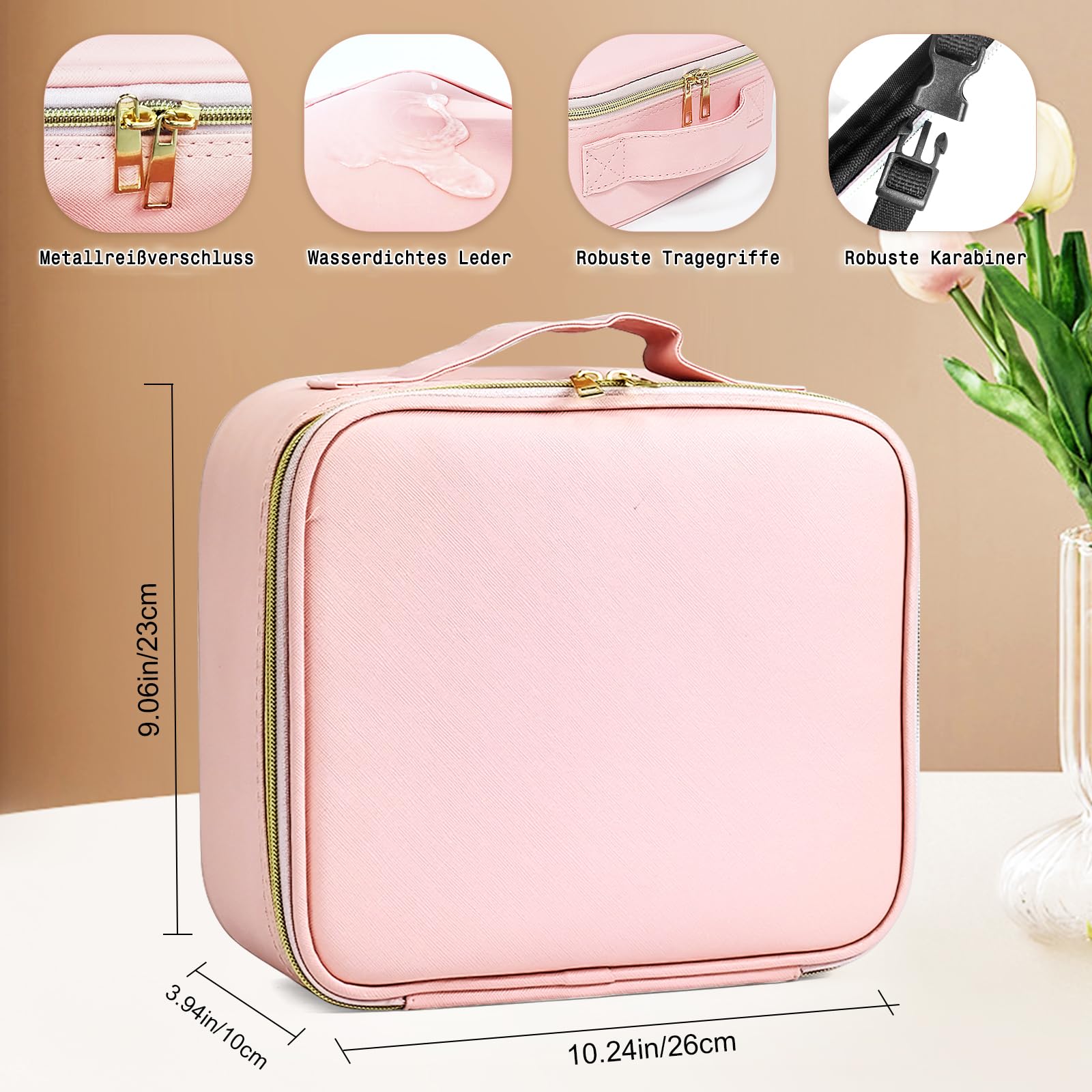 Make up Tasche mit Spiegel，Travel Makeup Bag mit 1/10x Spiegel und 3 Farbe Licht，Make up Organizer Tasche mit Aufbewahrung von Make-up-Pinseln, Makeup Organizers für Frauen(Rosa Leder)
