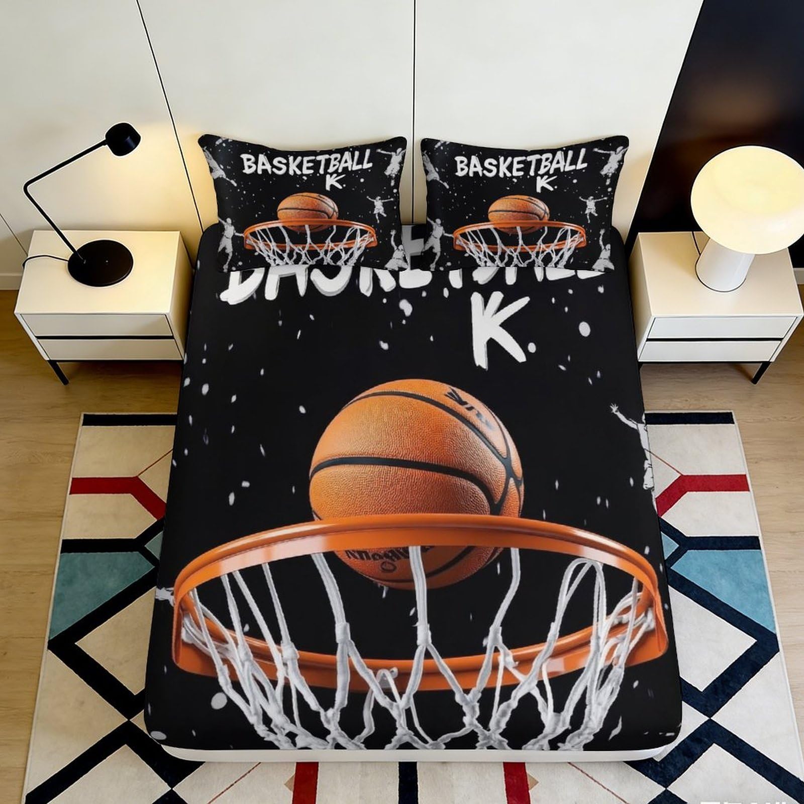 K1r3d9e5 Style-4 3D Printed Basketball Hoop Fitted Sheet Microfiber Orange Black Sports Bed Cover Bedroom Dorm Mattress Protection Decor 90X200x25cm