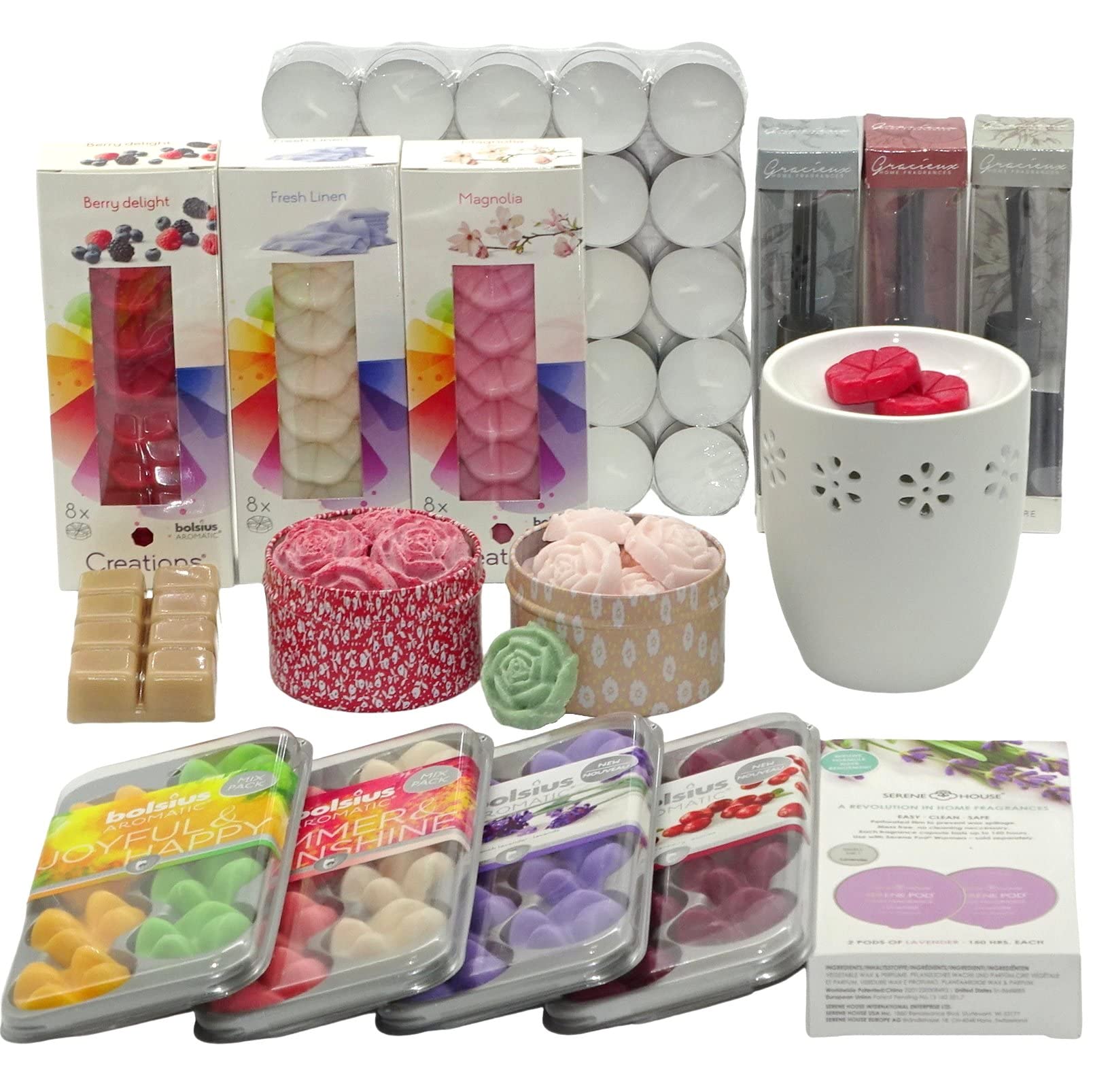 150-teiliges Überraschungs Duftset: 96 Duftwachs Melts + 50 Teelichter + 3 Diffuser + Duftlampe, Aromatik Geschenkset Mix Paket verschiedene Düfte