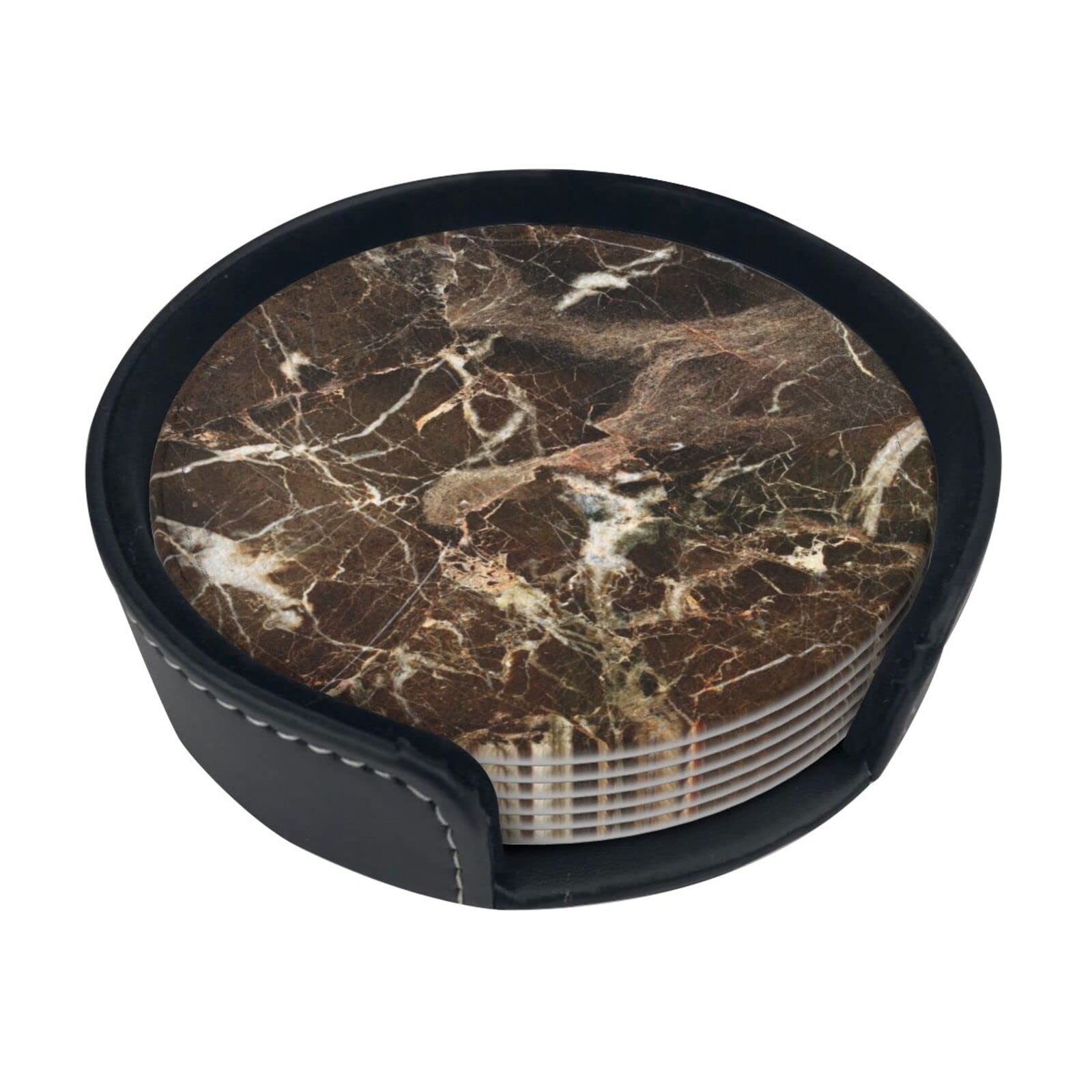 Enpap As Picture Dark Brown Marble Texture Luxury,Round Coasters, Mugs Pad, Cups Mat Set Of 6 Leather Drinks Coasters With Holder