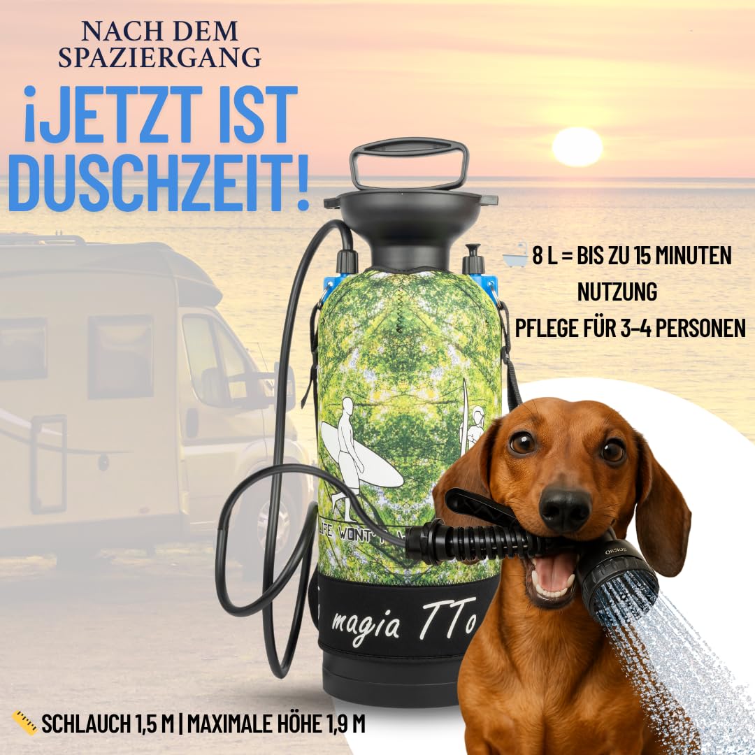 Tragbare Campingdusche mit Handpumpe, 8 L [Ohne Strom] – Camperdusche für Reisen, Strand, Surfen, Wandern, Hunde und Haustiere – Einfach zu transportieren, ideal für die Outdoor-Hygiene