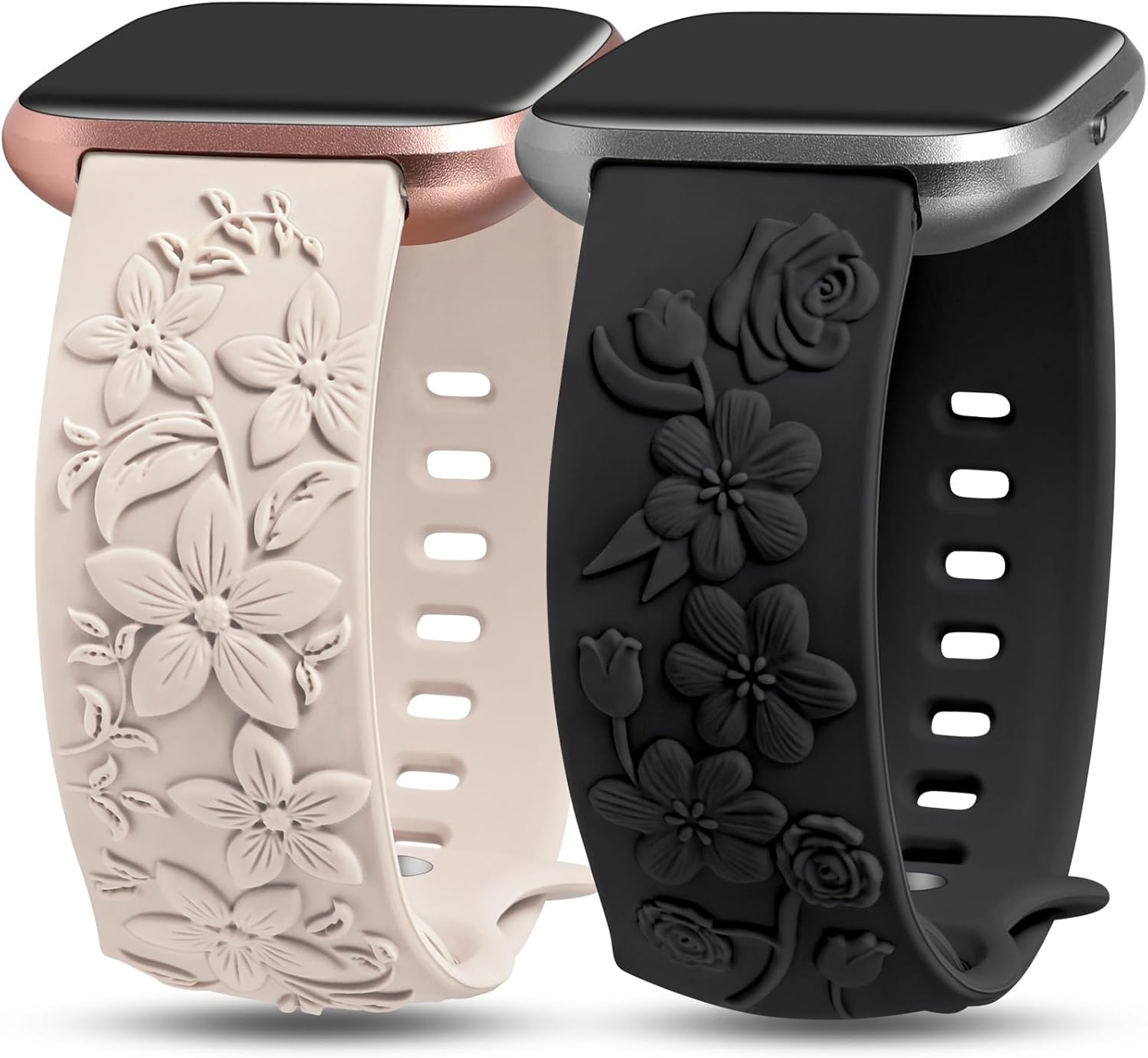 TOYOUTHS 2 Pack Compatible with Fitbit Versa 2/Versa Lite/Versa Watch Bands for Women Floral Engraved Soft Silicone Dressy Embossed Flower Strap Replacement Versa 2 Special Edition Bracelet Wristband