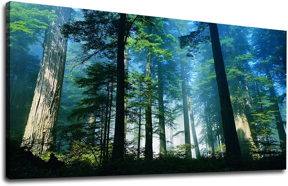 Green Forest Wall Art Spring Woods Canvas Pictures Foggy Morning Landscape Large Nature Pictures Modern Canvas Artwork Wall Decor for Living Room Bedroom Home Office Kitchen Wall Decor 24" x 48"