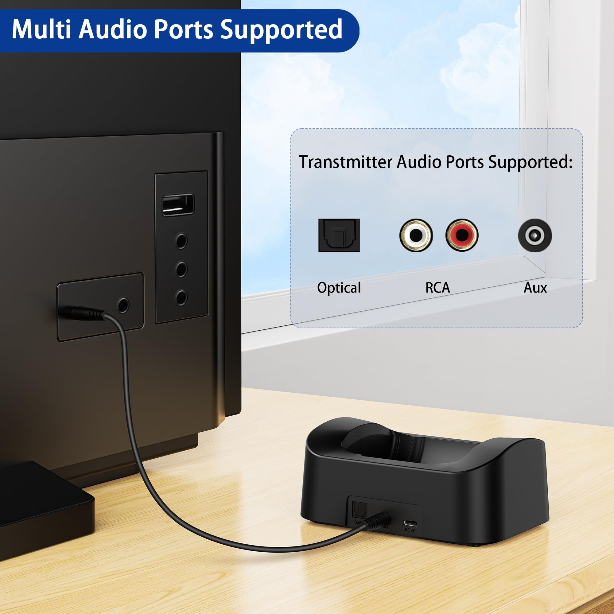 BESIGN BTH02 Wireless Headphones for TV Watching with Bluetooth Transmitter Charging Dock, TV Headphones Wireless for Seniors, Bluetooth Headsets, 100ft Range No Audio Delay