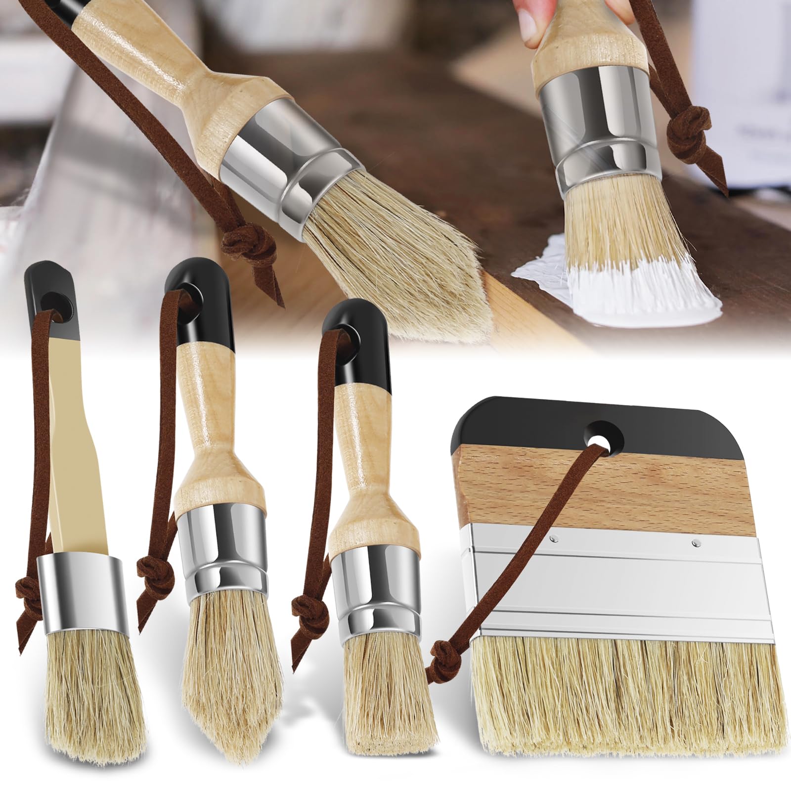 LYDODOKA Chalk and Wax Paint Brush, Round Chalk Paint Brushes, Natural Bristle Stencil Brushes, Wall Paint Brushes, Wood Stain Brush for Furniture, DIY Painting or Waxing, Milk Paint (4Pcs)