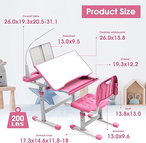 Miniatura 8 de BELANITAS Juego de escritorio y silla para niños de 5 a 8 años, escritorio de escritorio inclinable de 40 grados para niños, escritorio de altura