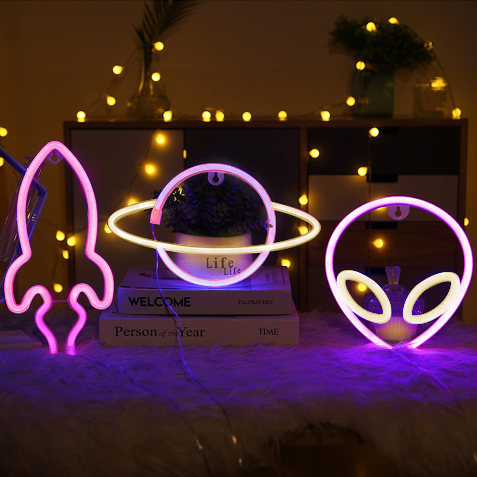 PALAMELA 3PCS Pink Neon Signs for Wall Decor, Hanging Light Up Neon Sign, LED Rocket Planet Alien Neon Lights for Bedroom,Party,Birthday,Christmas,Wedding,Bar