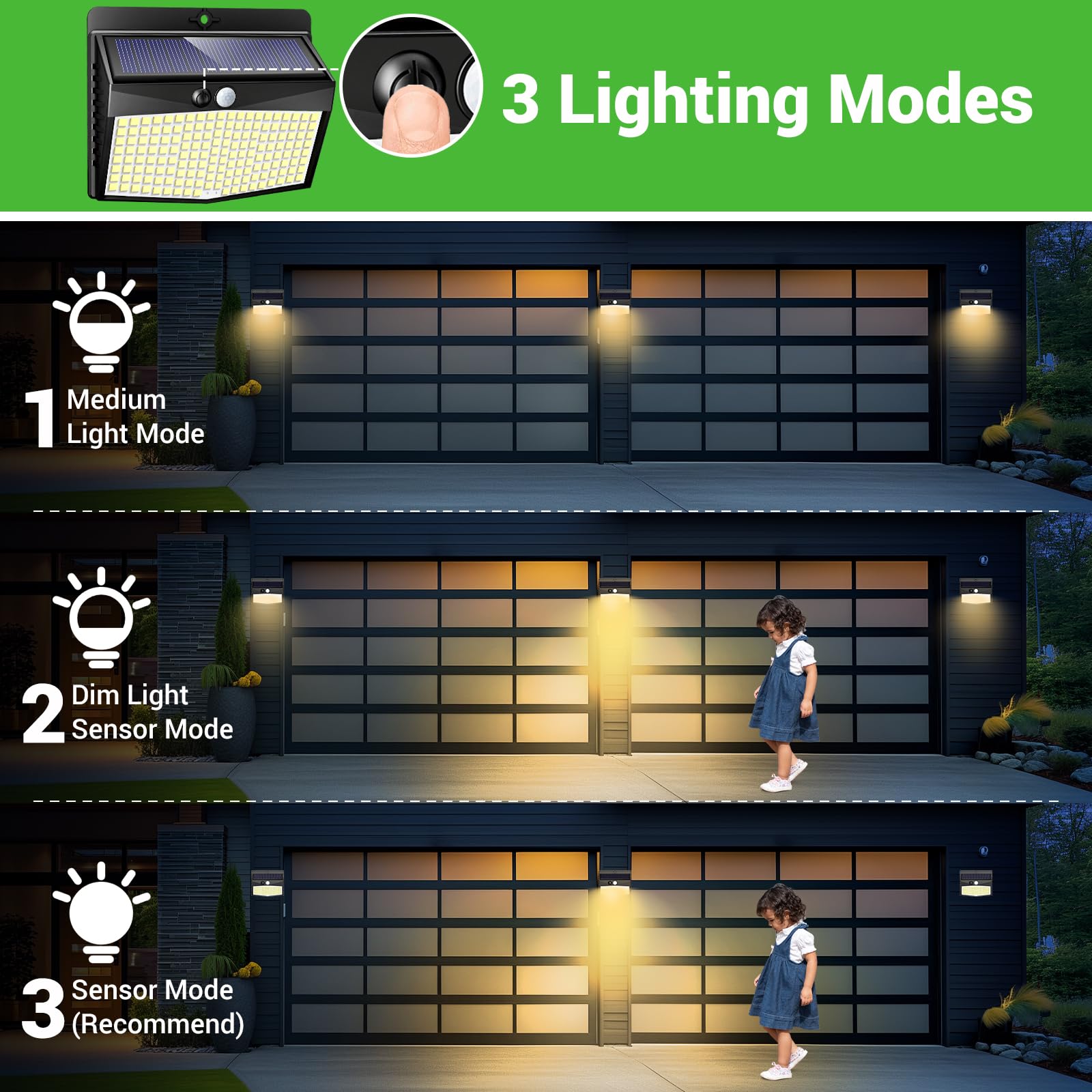 nipify Lot de 6 lampes solaires d'extérieur avec détecteur de mouvement, 3 modes, lampe solaire d'extérieur IP65, 168 LED blanc chaud, lampe solaire d'extérieur pour jardin, garage, cour, mur, clôture