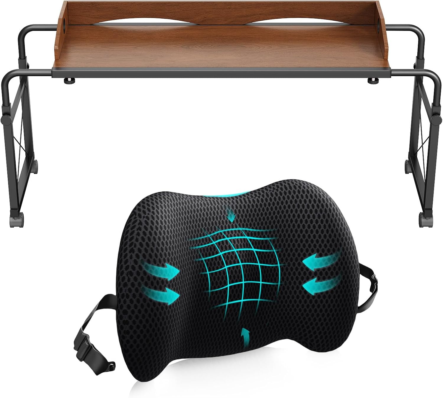 Lumbar Support Pillow for Office Chair, Car Lumbar Pillow Lower Back Pain Relief, Laptop Desk for Bed, Adjustable Height & Length Laptop Table,Overbed Table with Wheels for King & Queen Size Bed