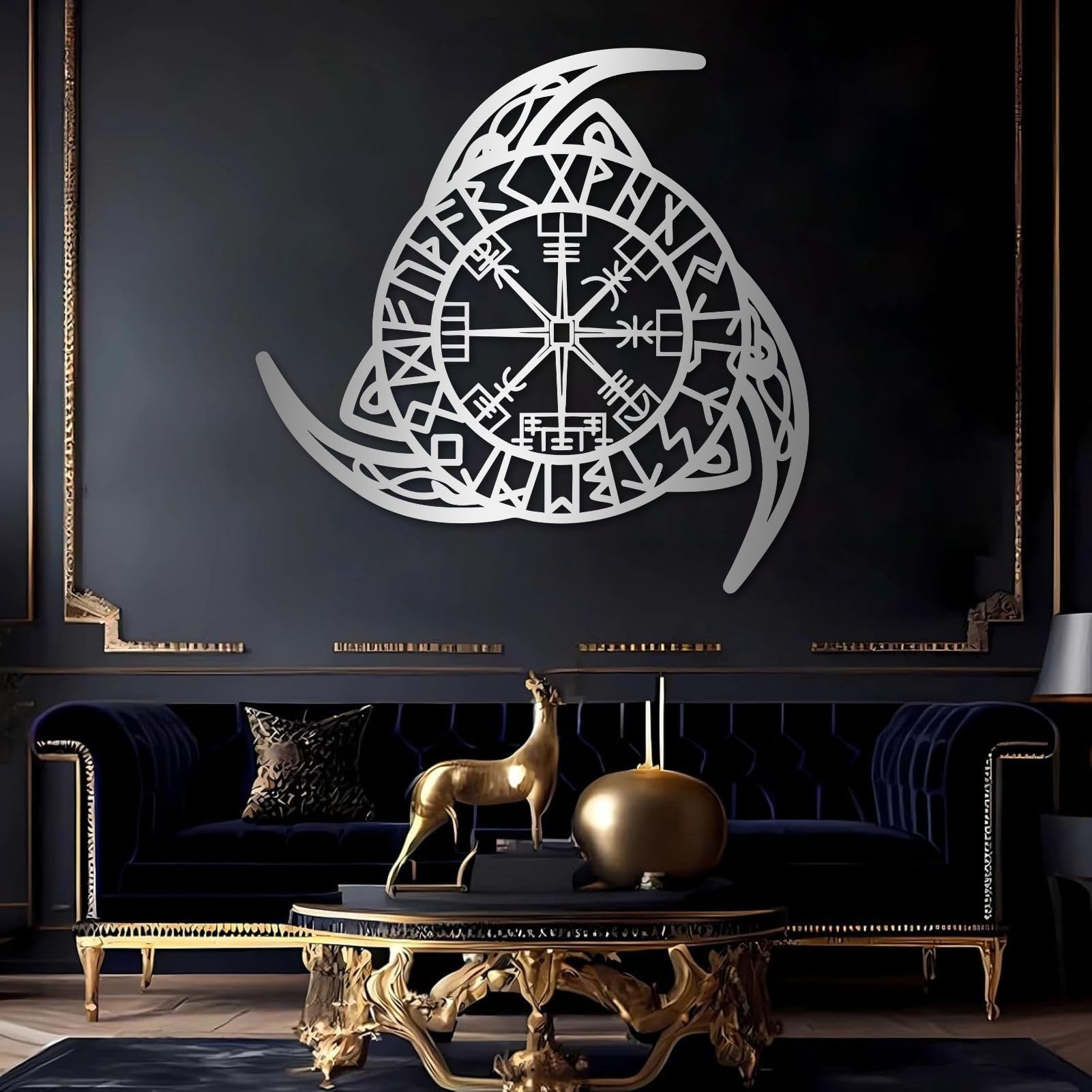 Schwarzer Kompass aus Metall, Wikinger-Wegweiser aus Metall, Wanddekoration für Wohnzimmer, Schlafzimmer, Flur und Treppenhaus, Natur-Wohndeko (Schwarz, 48 cm)
