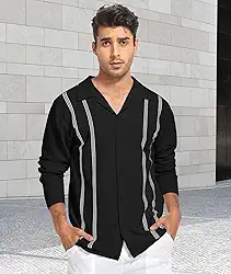 Camisa polo masculina de malha de manga comprida vintage listrada vercital gola de botão