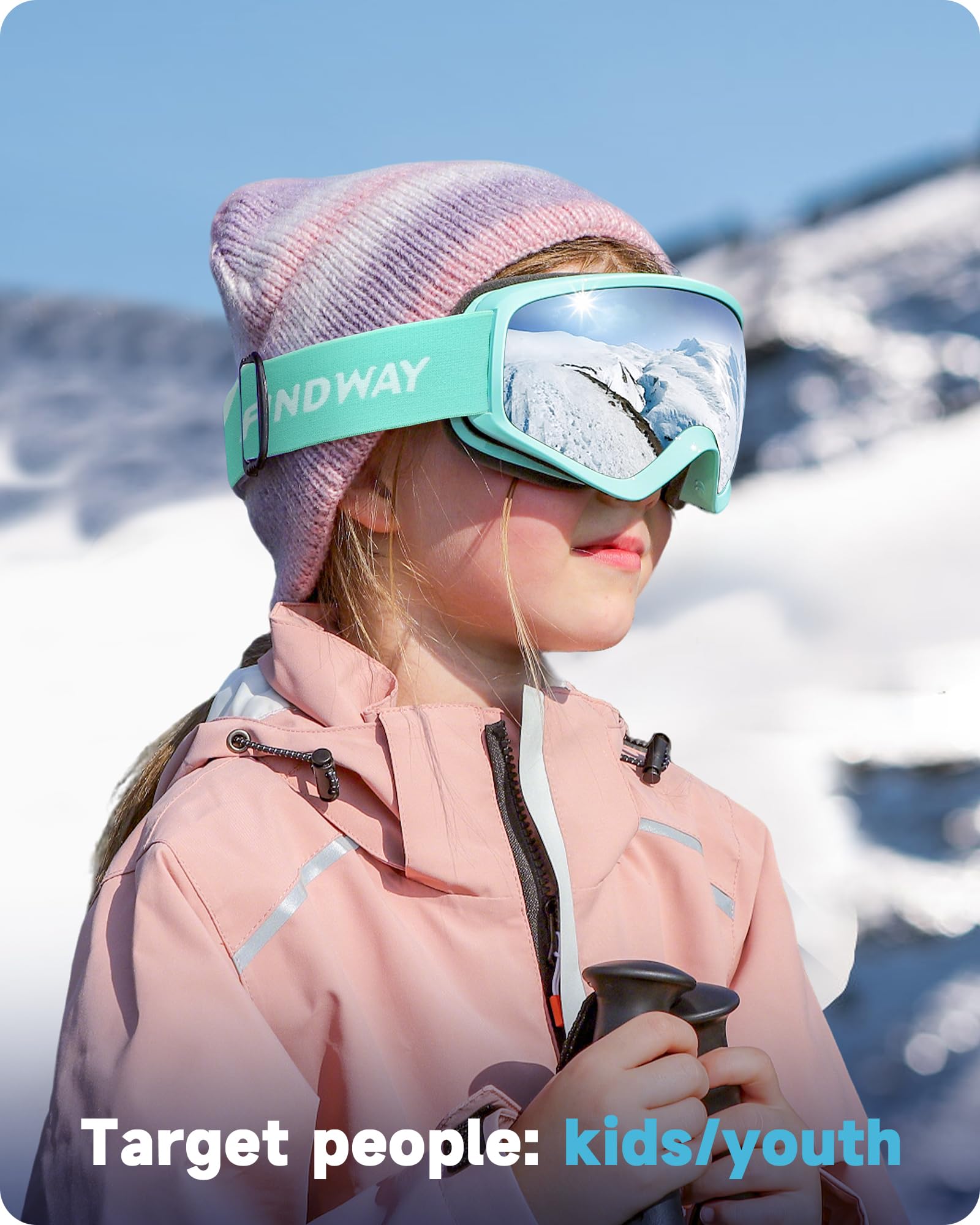 Findway Maschera da Sci Bambino 5~16 Anni Occhiali da Sci Maschera Sci Bambino Occhiali Sci OTG per Ragazzo Ragazza Anti UV Anti Nebbia Compatibile con Casco per Sci Snowboard Sport Invernali