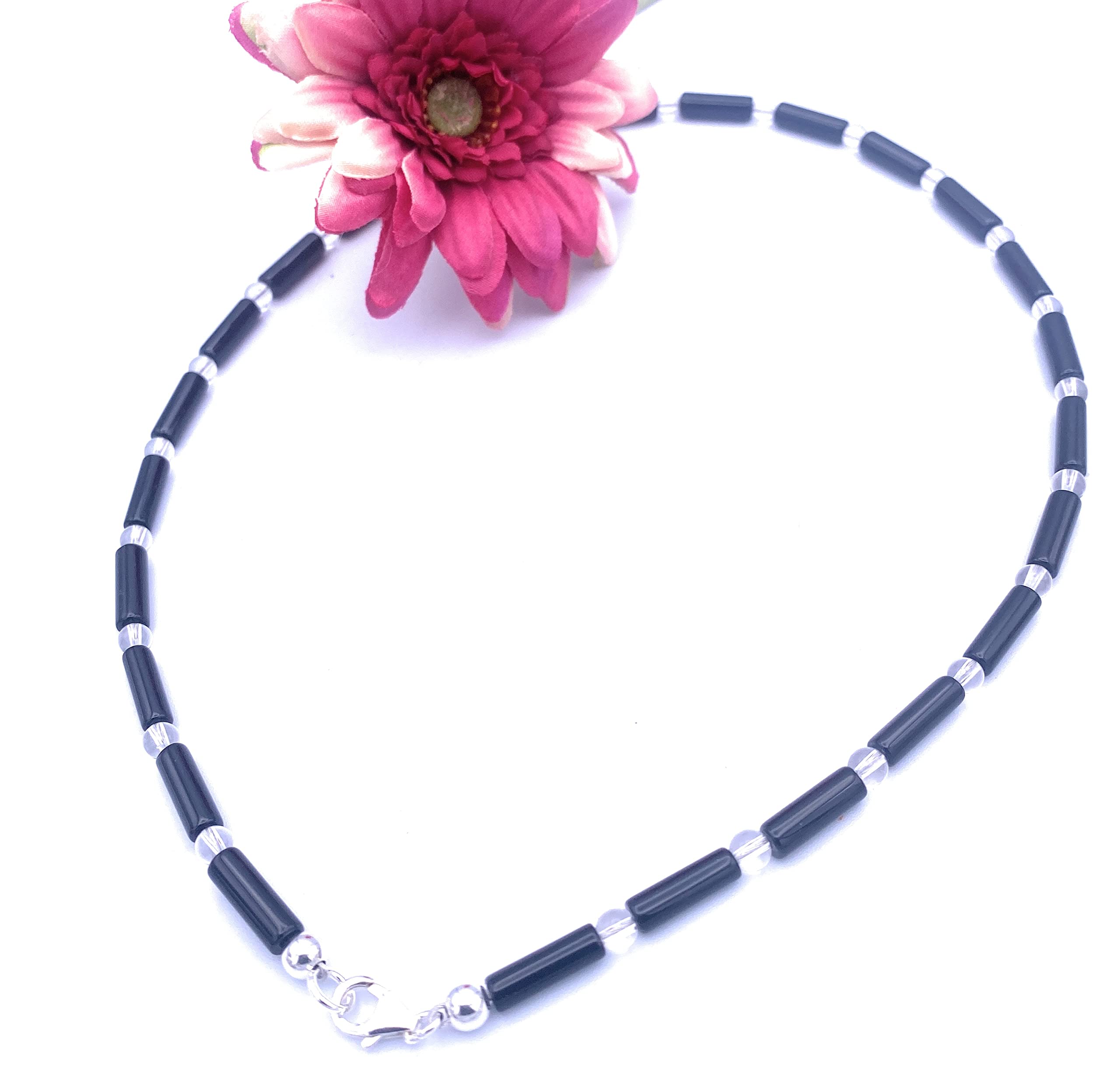 Onyx Halskette Onyx Walzen und Bergkristall Kugeln im Wechsel Verschluss 925er Sterling-Silber