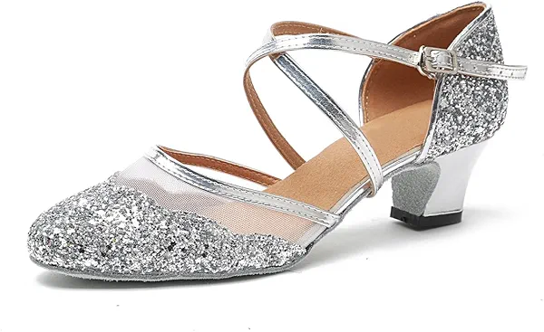 Minishion Women's T-Strap Dance Heels Glitter Salsa Ballroom Shoes Wedding Party Pumps