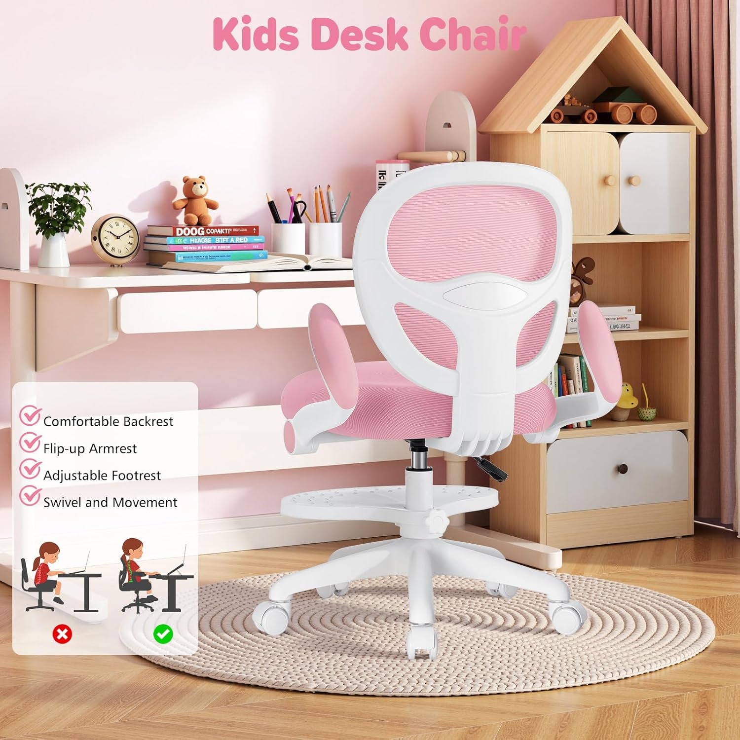 HOFFREE Kids Desk Chair Ergonomic Study Chair with Flipped Armrest and Footrest Adjustable Height Swivel Kids Computer Chair Mesh Desk Chair for Boys Girls Children at Home Bedroom Study Room Pink