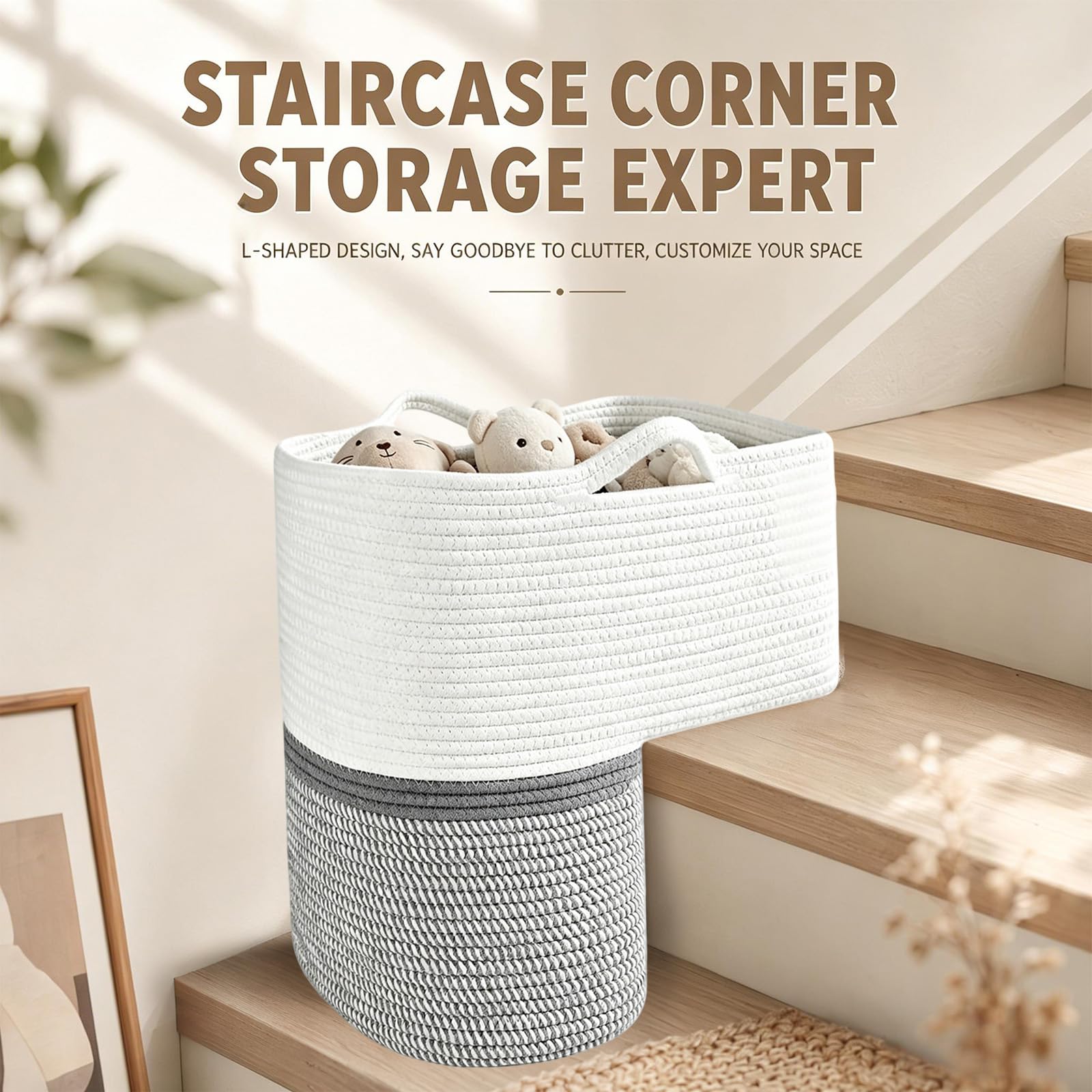 MeYuxg Cesta para Escaleras,Organizador de Escaleras en Forma de L con Asas, Plegable Cesta Organizadora de Escaleras de lino para Artículos del Hogar, Juguetes de Lavandería (B)