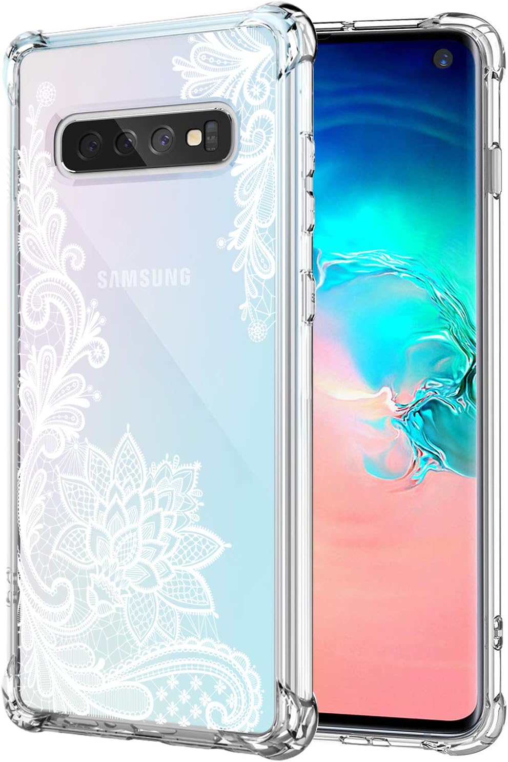 KIOMY Galaxy S10 Case Clear with Lace Design Shockproof Bumper Protective Case for Samsung Galaxy S10 Cute White Flower Pattern Flexible Slim Fit Rubber Floral Cell Phone Back Cover Girl Women