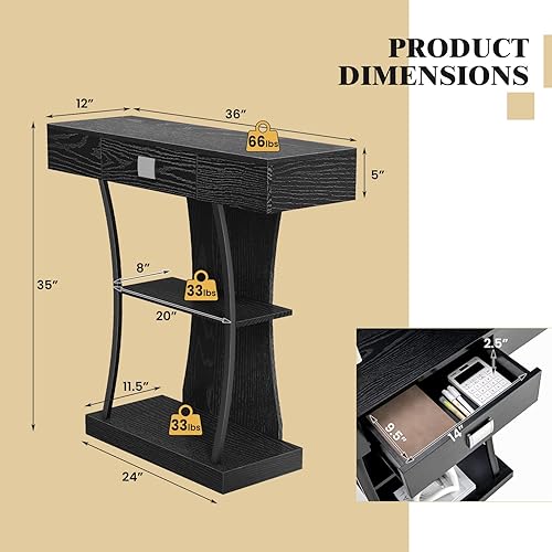 Miniatura 10 de LDAILY Mesa de entrada pequeña, mesa de sofá de 3 niveles con cajón de almacenamiento y estantes, mesa estrecha detrás del sofá, mesa consola