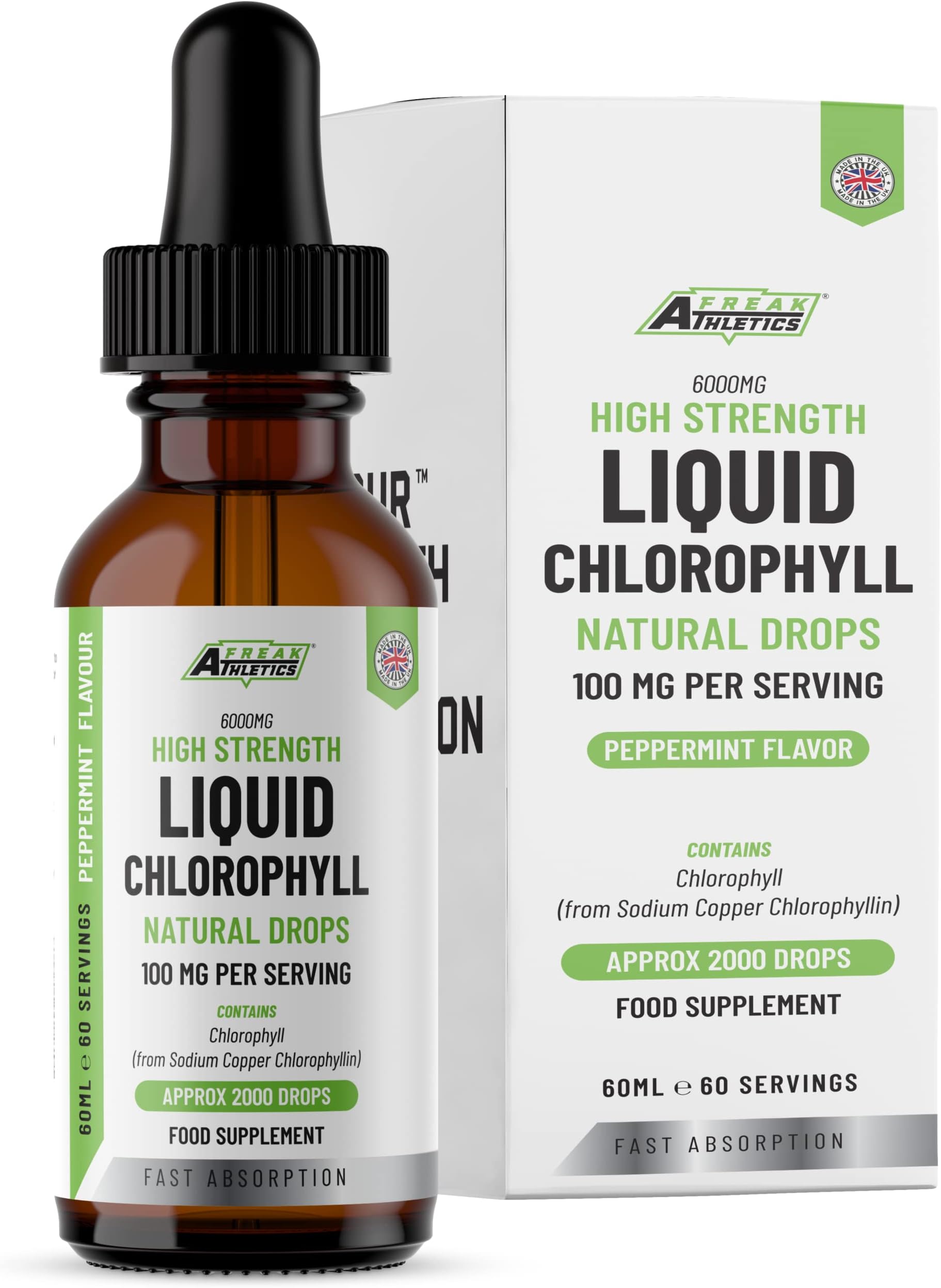Liquid Chlorophyll Drops for Water - 60ml for 60 Servings - 2 Month Supply of High Strength 100mg Chlorophyll Liquid Drink - Made in UK