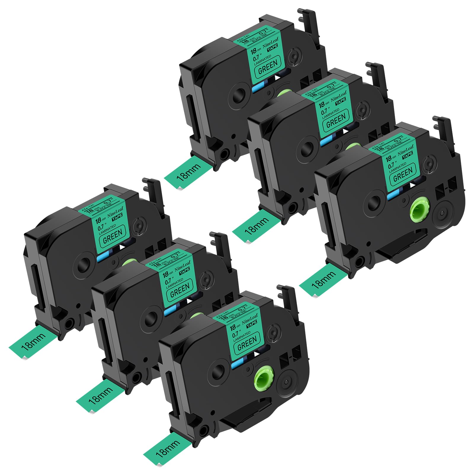 NineLeaf 6PK Compatible for Brother TZe-741 TZe741 TZ-741 TZ741 Label Tape 18mm 3/4'' x 26.2' Black on Green Standard Laminated Labeling Work with
