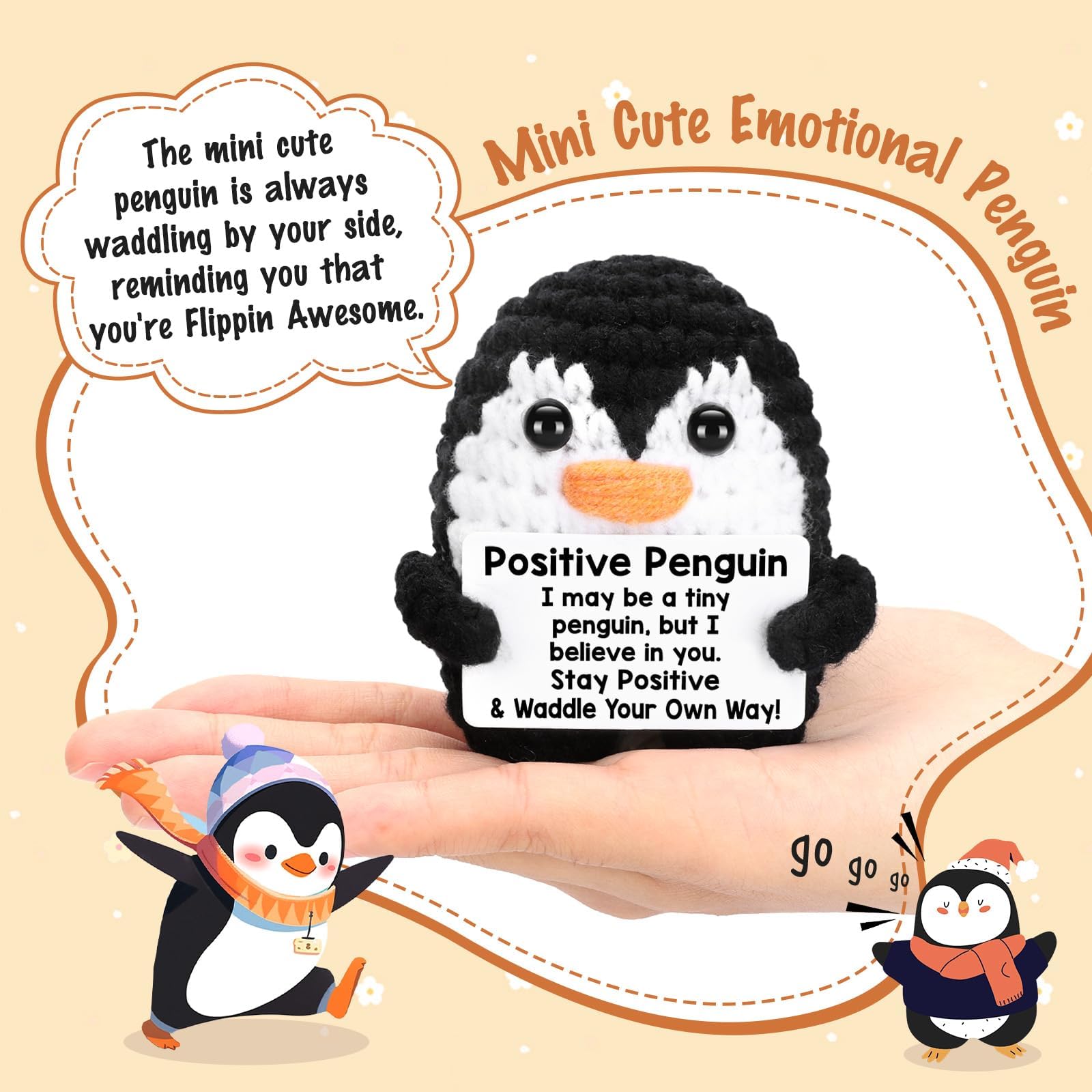 Inspirational Birthday Gifts for Women Men, Mini Funny Handmade Positive Crochet Penguin Gift for Friends Sister Coworker Teen, Emotional Penguin Support Graduation Appreciation Gifts Cute Decor